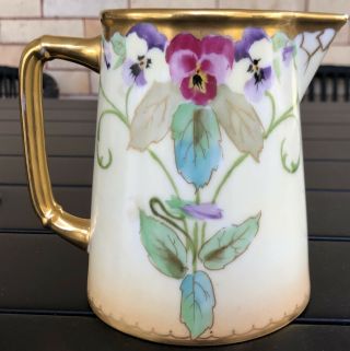 Antique Arts Crafts Limoges Hand Painted Creamer Pitcher Floral Flowers Gold