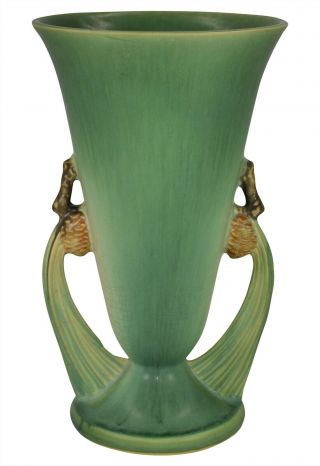 Vintage Roseville Pottery Pine Cone Green Art Deco Ceramic Vase 747 - 10