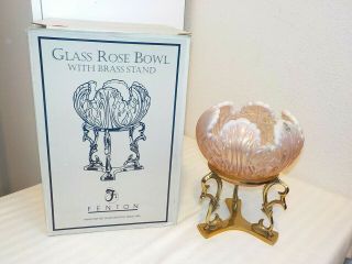 Fenton Glass Rose Bowl W/brass Stand Iridescent Opalescent Champagne/pink W/box