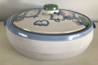 Ma Hadley Pottery Country Scene Blue 3 Quart Covered Casserole & Lid 13 "