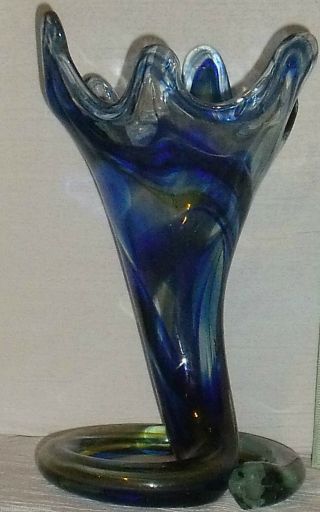 Murano Vase Cobalt Blue Ruffled Vtg Italy Art Glass Large 11 " Coiled Flower