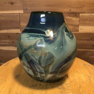 F Frederick Warren 1979 Hand - Blown Art Glass Vase/jar Blue/swirls Signed Vtg
