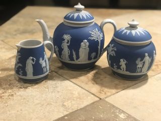 Antique Wedgwood Cobalt Blue Dipped Jasperware Tea Set Teapot Creamer Sugar Bowl