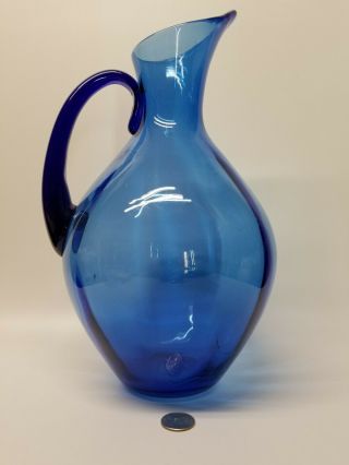 Huge Blenko Vintage/ Mid Century Modern Cobalt Blue Hand Blown Art Glass Pitcher