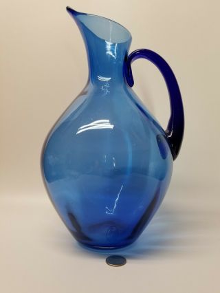 HUGE Blenko Vintage/ Mid Century Modern Cobalt Blue Hand Blown Art Glass Pitcher 2