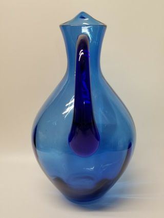 HUGE Blenko Vintage/ Mid Century Modern Cobalt Blue Hand Blown Art Glass Pitcher 3