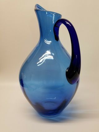 HUGE Blenko Vintage/ Mid Century Modern Cobalt Blue Hand Blown Art Glass Pitcher 8