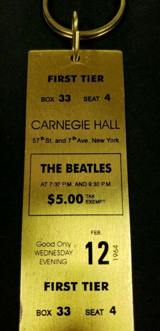 The Beatles Rare Brass Ticket Keychain Carnegie Hall Feb.  12,  1964 First Tier