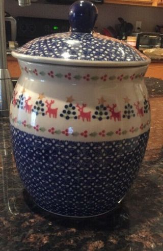 Boleslawiec Polish Pottery Cookie Jar W Lid Tree Reindeer Star Blue