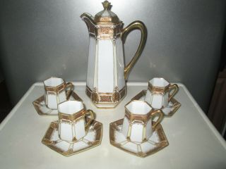 Nippon Elegant Hand Painted Chocolate / Coffee / Tea Pot W/ 4 Cups & Saucers