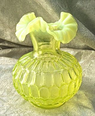 Rare Hexagonal Pattern Vaseline Opalescent Glass Crimped Ruffle Rim Vase
