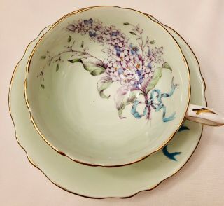 Pale Green Paragon Lilac Bow Teacup Vintage Tea Cup & Saucer Double Warrant