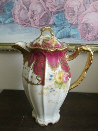 Antique B & H Limoges France Hand Painted Chocolate Pot Burgundy Red Roses Gold