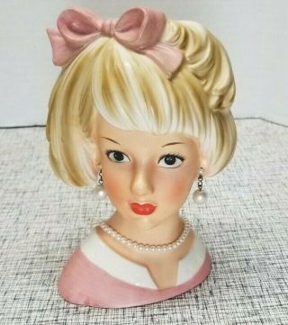 Vintage Relpo Pink Dress Lady Head Vase Blue Eye Pearls Earrings Pink Bow Blond
