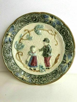Antique 19th Century French Majolica Plate With Figures And Butterfly Boarder