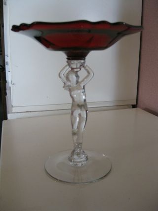Vintage Cambridge Glass Co.  Art Deco Nude Ruby Red Footed Compote 8 "