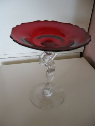 VINTAGE CAMBRIDGE GLASS CO.  ART DECO NUDE RUBY RED FOOTED COMPOTE 8 