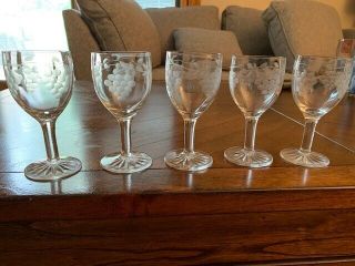 Vintage 5 Pc.  Elegant Authentic Crystal Wine Glasses - Etched Grapes " Rare "