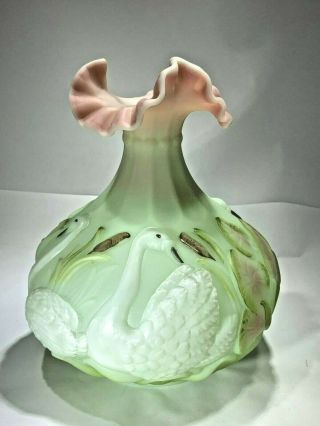 Fenton Burmese Lotus Mist Vase With Swans,  Water Lilies & Cattails Hand Painted