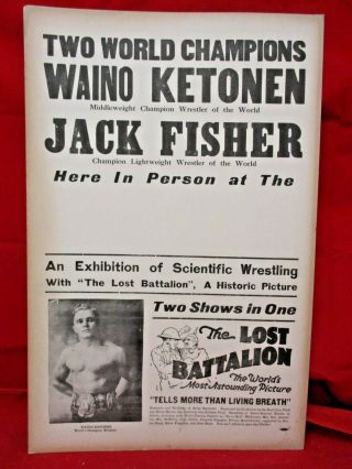 1919 Wwi World War 1 Movie The Lost Battalion Orig Window Card Wrestling Poster