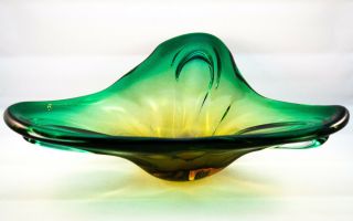 Vintage Mid Century Green & Amber Art Glass Hand Blown Bowl Candy Dish
