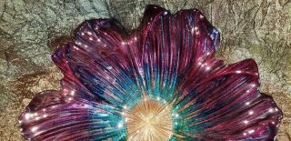 Art Glass Bowl 15 " Vintage Flower Shape Metallic Colors -