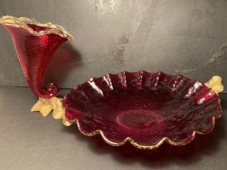 Ruby Red Murano Italy Venetian Glass Cornucopia & Fluted Bowl