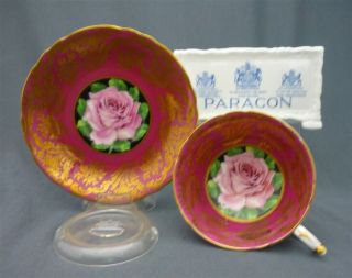 Wide Paragon England Bone China Tea Cup Saucer Duo Hot Pink Gold Big Pink Roses