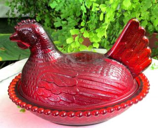 Ruby Red Indiana Glass Hen On Nest 4