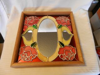 Hand Crafted Stained Glass Roses With Mirror In Oak Frame 13 " X 13 " X 1.  5 " Deep