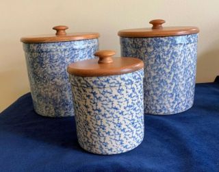 Set Of 3 Blue Spongeware Canisters W/ Wood Lids By Gerald R.  Henn Roseville Ohio