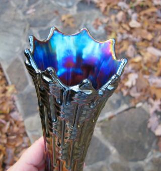Wow Dugan Big Basketweave Antique Carnival Art Glass Vase Amethyst Blue Inside