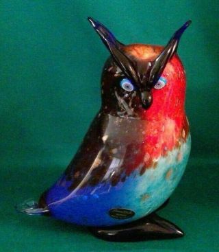 Vintage Murano Art Glass Owl Artist Signed Franco Moretti Gold Flecks Millefiori