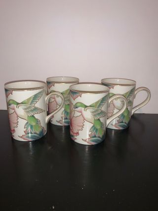 4 Fitz And Floyd Hummingbird Fine Porcelain Coffee Tea Cups