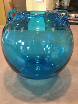 Old Blenko Glass Turquise Blue Aqua Rose Bowl Double Handle Fish Bowl Vase