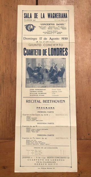 Primrose Violist London String Quartet Concert Program 1930 Violinist