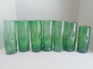 7 Blenko Glass Blown Tall 7 " Green Pinched Dimpled Tumblers Glasses Vgc