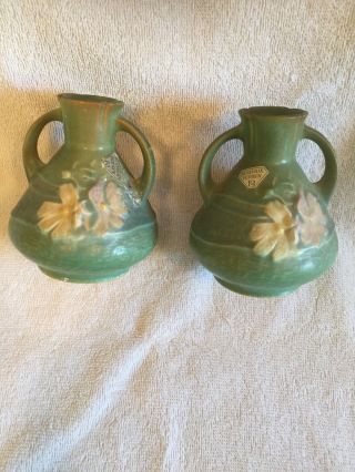 Rare Antique Pair Small Roseville Pottery 2 Handle Vases With Orig Stickers