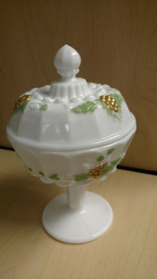 Rare Westmoreland Paneled Grape Milk Glass Lidded Compote With Green & Gold