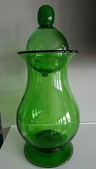 American Blown Art Glass Vase W/ Witch Ball Top Cover Green Jar
