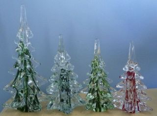 4 Vtg X - Mas Tree Art Glass Hand Made Crystal Paper Weight Paperweight Red Green