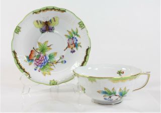 Herend Queen Victoria Green Border Footed Tea Cup & Saucer / 734