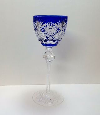 1 Val St.  Lambert Cobalt Blue Cut To Clear Crystal Wine Glass - Faceted Knob Stem