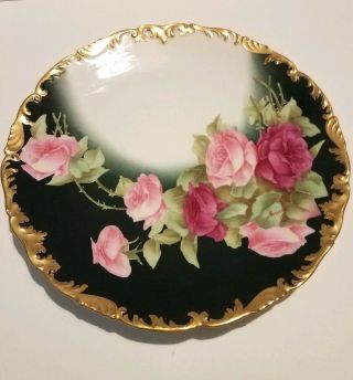 Antique T V Limoges H/ Painted Roses Venice Plate Gilded Rim Signed Rousset