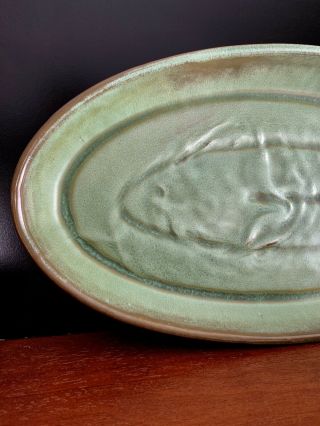 Large 18 " Vintage Frankoma Green Oval Platter Fish Motif Mayan Aztec