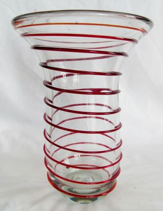 Vtg Hand Blown Studio Art Glass Crystal Murano Venetian Red Spiral Thread Vase