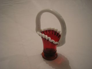 Fenton Mini Glass Basket.  Red Transparent W/ White Milk Glass Crest & Handle