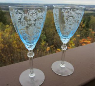 2 Fostoria Goblet Versailles Azure Blue Clarets Wine Goblets 5298 Nr