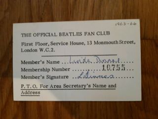 Beatles Southern Area Membership Fan Club Card 1963 Ex.