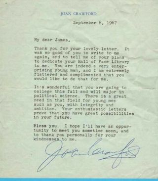 Joan Crawford - Classic Hollywood Actress - Signed Letter (tls),  1967